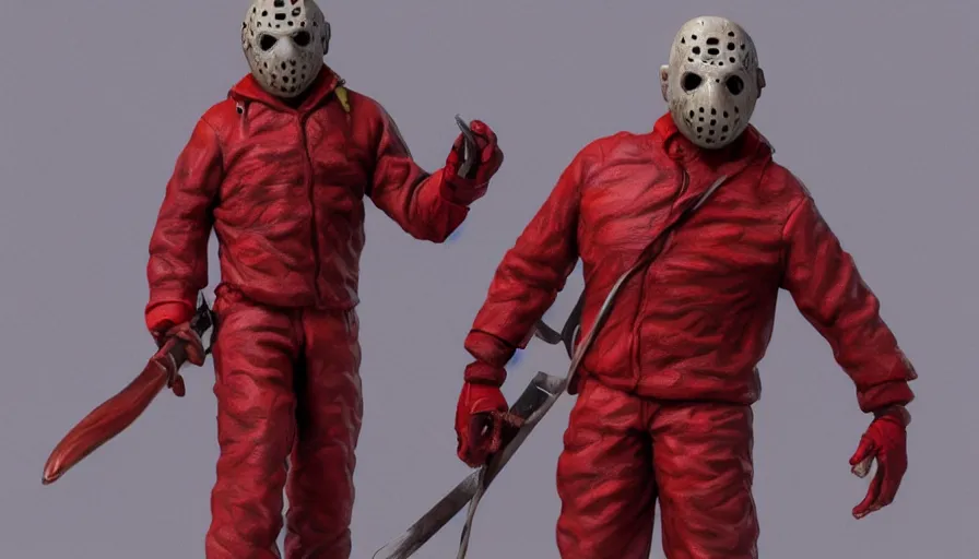 Image similar to hand painted figurine of jason voorhees in red clothes, hyperdetailed, artstation, cgsociety, 8 k