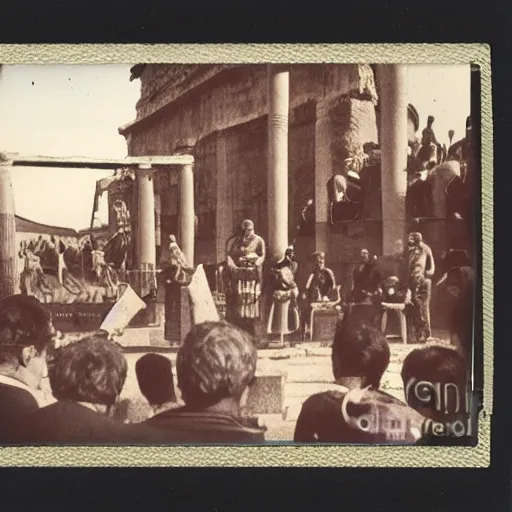 Prompt: Polaroid picture of a Roman consul during a political speech in Ancient Rome, photography, hyper detailed
