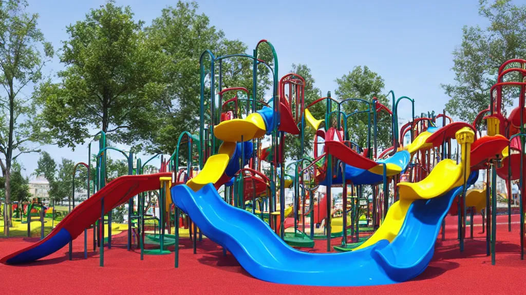 Prompt: A fun park playground with slides and structures made out of plastic and steel.