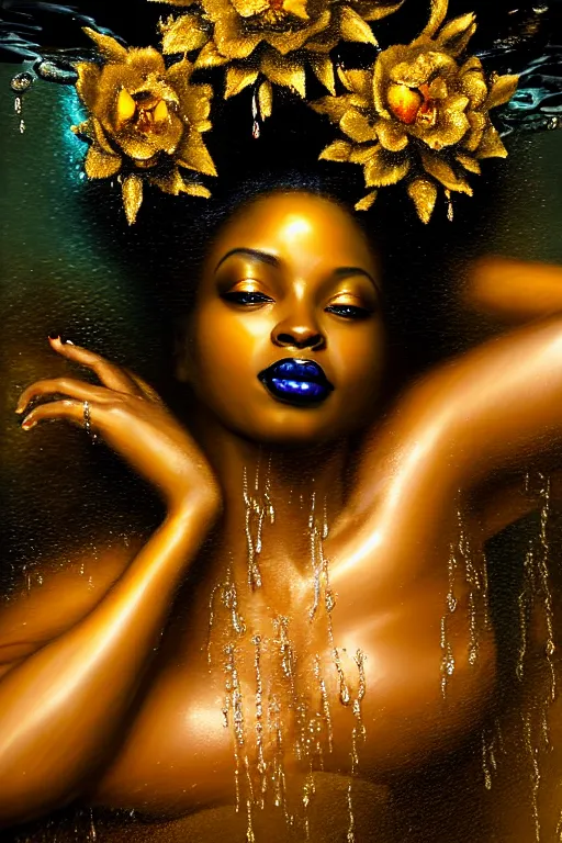 Prompt: hyperrealistic post rococo cinematic very expressive! black oshun goddess, in water up to her shoulders, mirror dripping droplet!, gold flowers, highly detailed face, digital art masterpiece, smooth eric zener cam de leon dramatic pearlescent back lighting, low angle uhd 8 k, sharp focus