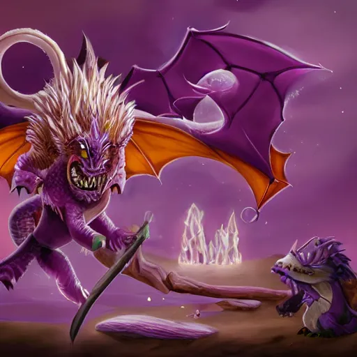 Image similar to purple dragon tames a gnome, happy fantasy illustration