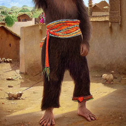 Image similar to beautiful painting by sophie anderson of a chimpanzee wearing traditional men kurdish clothes baggy pants and white shirt with a large sash tied around the waist in a kurdish village, award winning art, insanely detailed, bright colors, global illumination, cute, young, stunning