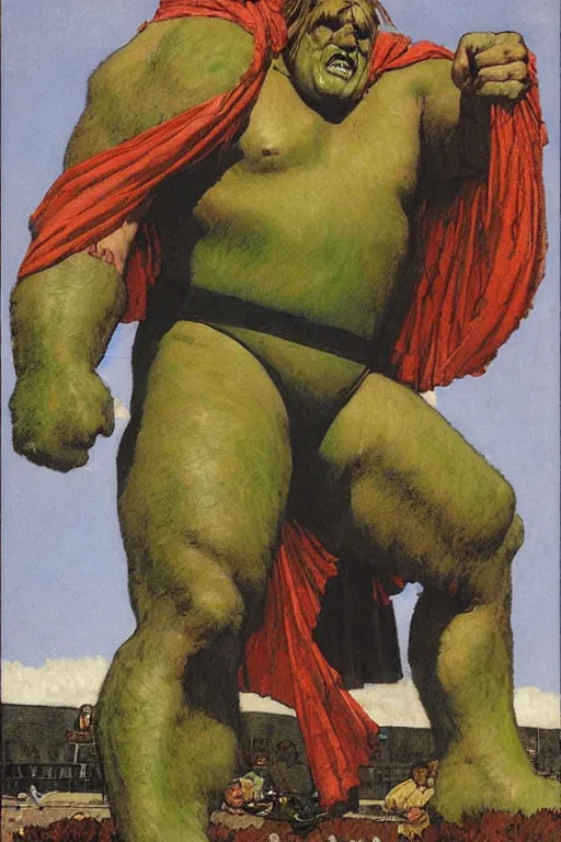 Image similar to full body portrait of huge hulking giant haystacks as superhero, simple background, painted by jack kirby, lawrence alma tadema, norman rockwell, greg staples, wayne barlow, jacob collins, tom lovell, frank schoonover, neville page