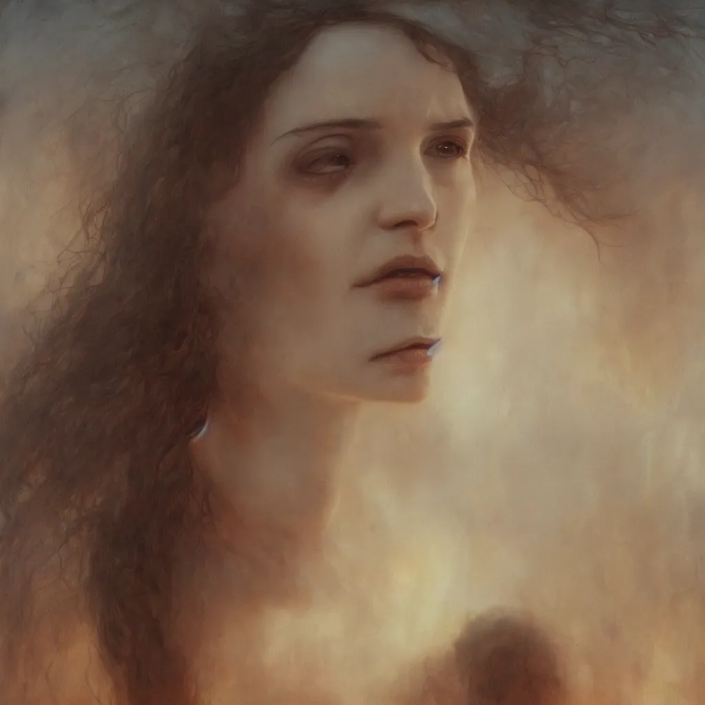 Prompt: portrait of young winona ryder in hell dimension by Zdzisław Beksiński, hyperdetailed, cinematic lighting, intricate details, 4k detail post processing, hyperealistic