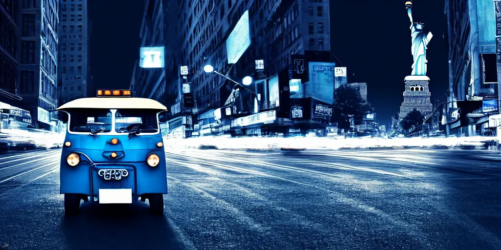 Prompt: an open frame blue tuk tuk going through a desolate manhattan city street at night, statue of liberty seen in the background, realistic 4 k octane beautifully detailed render, 4 k post - processing, highly detailed, detailed face, intricate complexity, epic composition, magical atmosphere, cinematic lighting, masterpiece, color picture, ultra hd