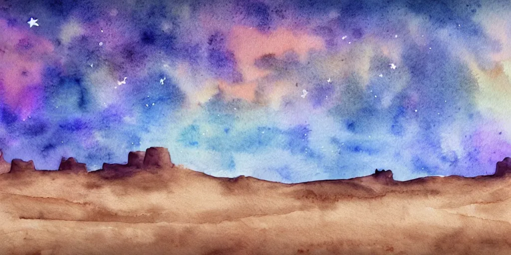 Prompt: desert with sky with stars in watercolor, cinematic, highly detailed wide, atmospheric lighting, muted colors