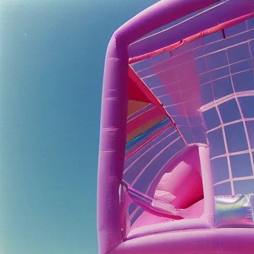 Prompt: a pastel colour high fidelity wide angle Polaroid art photo from a holiday album at a seaside of a large pink ship with abstract inflatable parachute furniture, all objects made of transparent iridescent Perspex and metallic silver, a grid of sun beds iridescence, nostalgic