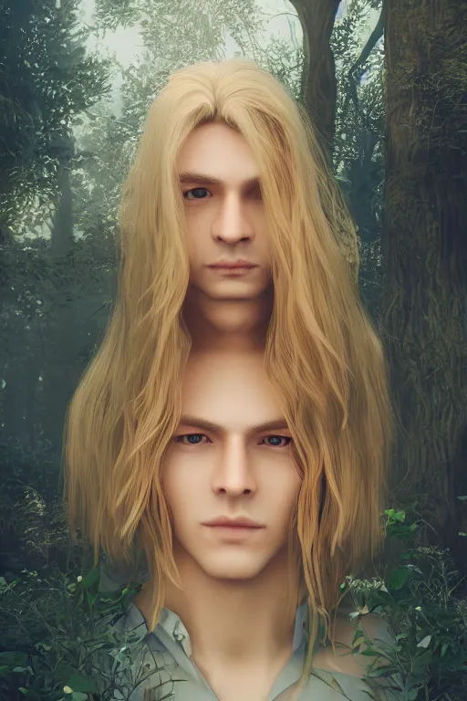 Image similar to pretty young man with long golden blond hair, demure, slender, lose, symmetrical face, trees, detailed forest background, webtoon, breathtaking scenery, colourful, 8 k, graphic novel, digital art trending on artstation, volumetric lighting, octane render, cinematic, hyper detailed, magical atmosphere, realistic