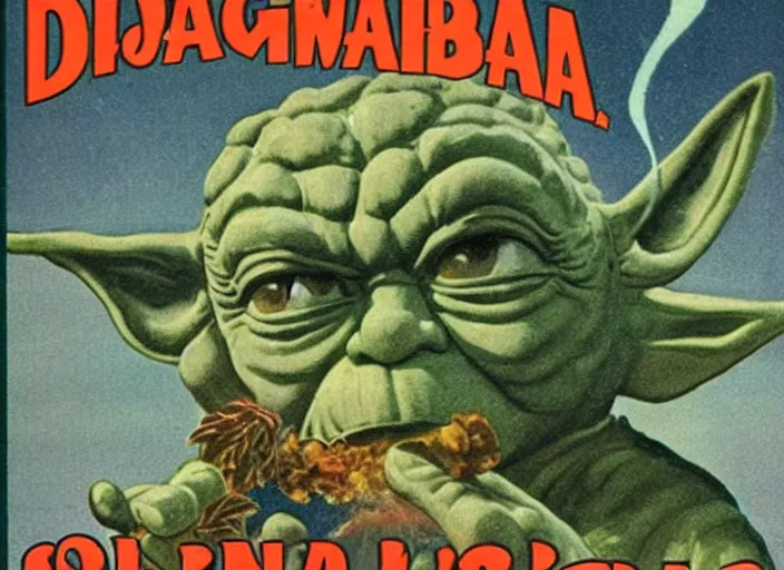 Image similar to vintage travel advertisement for the planet dagobah, of yoda smoking a huge marijuana cigarette, surrounded by cannabis plants