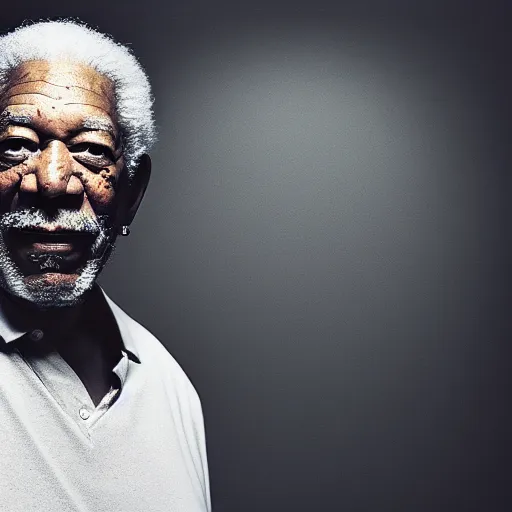 Image similar to a studio photograph of Morgan Freeman as a rapper in 2022, portrait, 40mm lens, shallow depth of field, close up, split lighting, cinematic