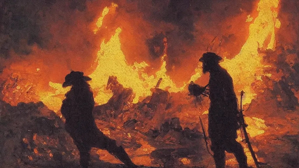 Prompt: high quality high detail painting by ilya repin, silhouette of man standing in front of an epic fire and explosions, war, hd