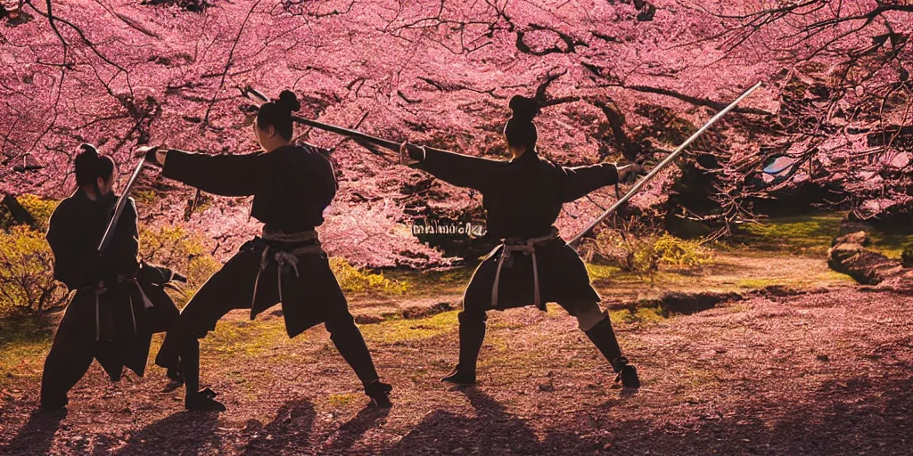 Prompt: samurai duel, both samurai have katana drawn, in a fighting pose, sunset in the background, cherry trees blossoming and Japanese maple trees, autumn, professional photo