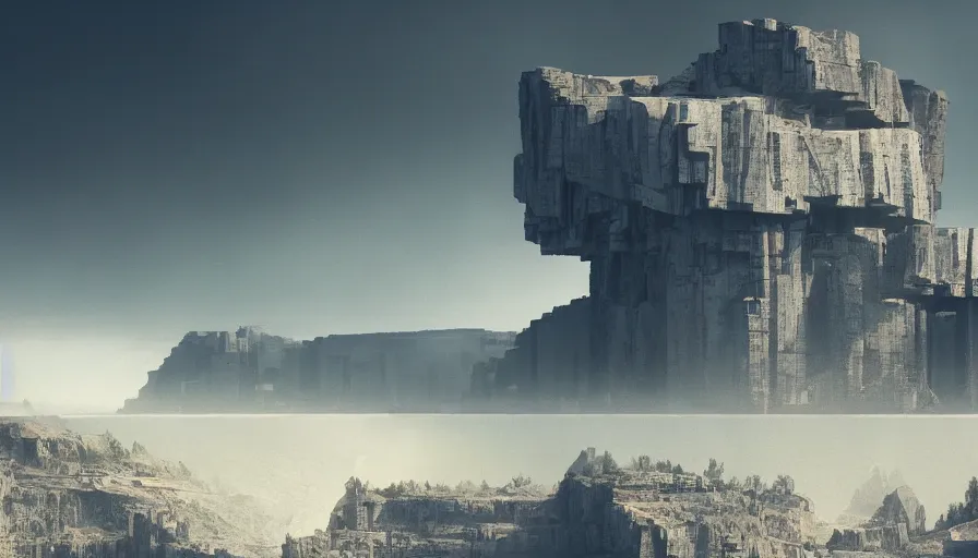 Image similar to big brutalist base, cliffs, artificial intelligence, jama jurabaev, greig fraser, roger deakins, cinematic shot, trending on artstation, high quality, brush stroke