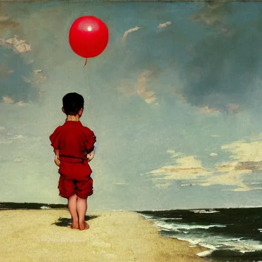 Prompt: a painting by Norman Rockwell of a young boy holding a red balloon at the beach, with dramatic clouds over the sea
