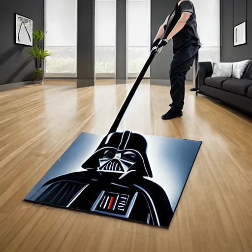 Image similar to Darth Vader mopping the house, photo realistic, award-winning, highly-detailed