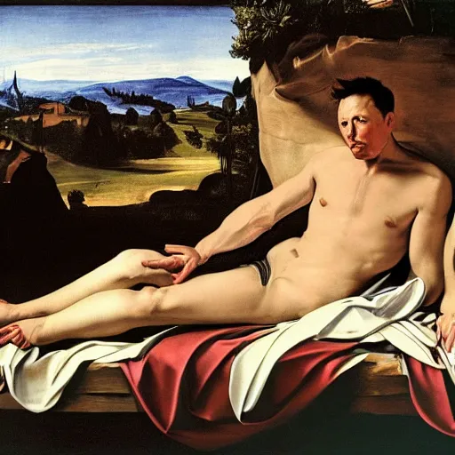 Prompt: elon musk in caravaggio landscape