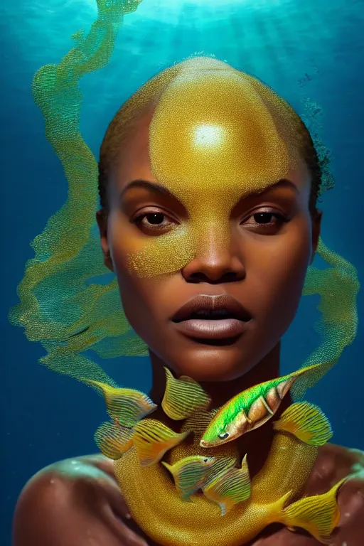 Image similar to hyperrealistic precisionist cinematic underwater scene with fish and algae, very expressive! translucent elegant african goddess, full body, gold jewerly, highly detailed face, digital art masterpiece, eric zener aykut aydogdu, volumetric light, long shot, low angle uhd 8 k, sharp focus