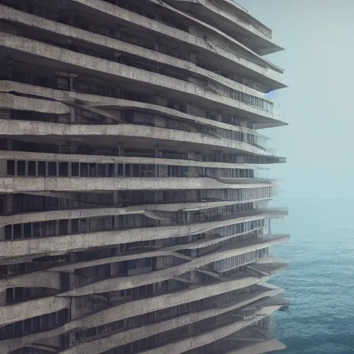 Prompt: communist buildings stand above the sea, brutalism, by zaoeyo ， highly detailed, cinematic landscape ， octane render ， trending on artstation,