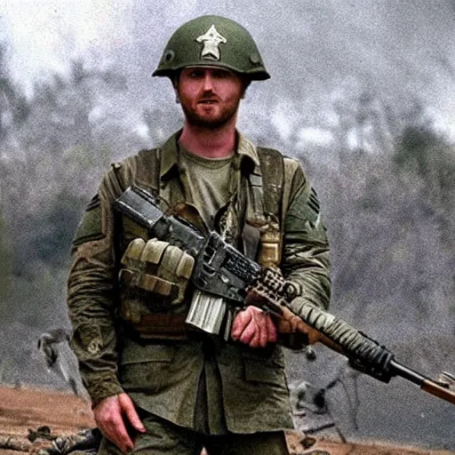 Prompt: aaron paul dressed as a us army soldier during the vietnam war, highly detailed, cinematic lighting, photorealistic