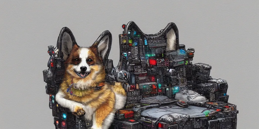 Image similar to dream a highly detailed painting of a cute fluffy cyberpunk corgi chilling on his throne, Zeen Chin and Farel Dalrymple , featured on Artstation