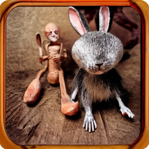 Image similar to humanoid bunny kills two humanoid rats with a knife in morocco style, 4k, HD, polaroid