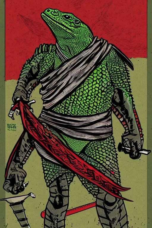 Prompt: a lizard dressed a sparta with swords, by brian azzarello, illustration