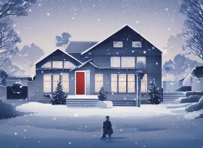 a small suburban house, dusty blue, at christmas. | Stable Diffusion