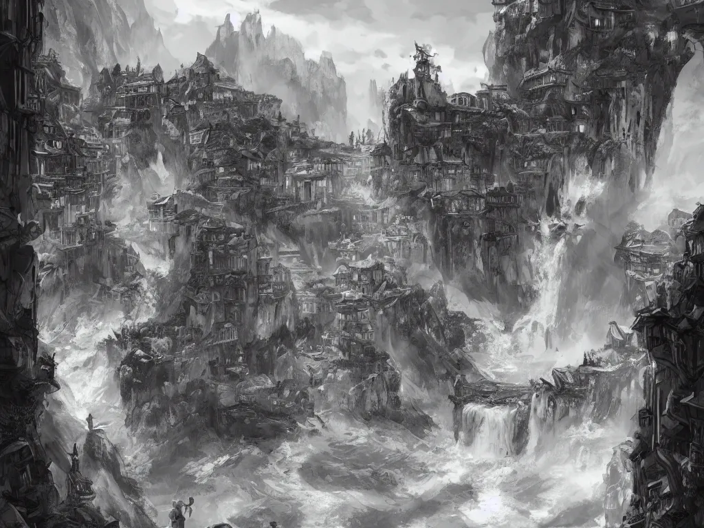 Image similar to impressive concept art of crooked ancient town, artstation, ink, black white, hills, waterfall, river, dominating palace with white walls on top of the hill