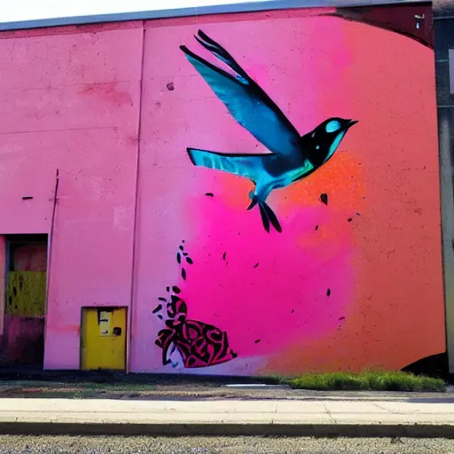 Prompt: a huge mural in pink and orange, showing a miriad of colorful birds and fish mixing, urban Street art by refreshink, fio silva, l7m,