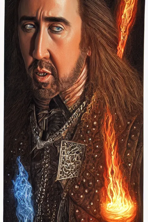 Image similar to Nicolas Cage as wizard, fantasy, intricate, highly detailed, artstation, illustration by ken kelly