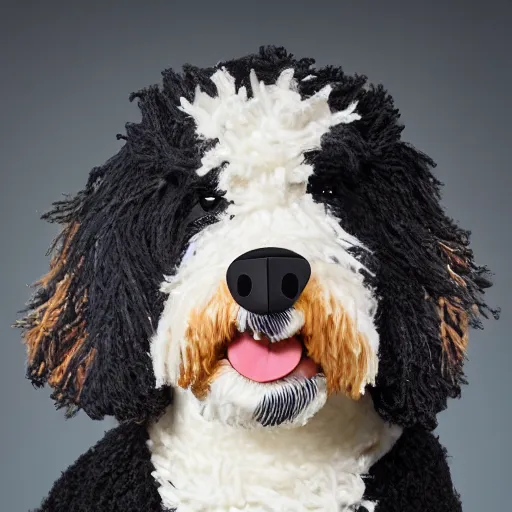 Image similar to a closeup photorealistic photograph of a cute smiling knitted bernedoodle judge dog dressed in a black gown, presiding over the courthouse. indoor image, professional capture, well lit shot. this 4 k hd image is trending on artstation, featured on behance, well - rendered, extra crisp, features intricate detail, epic composition and the style of unreal engine.