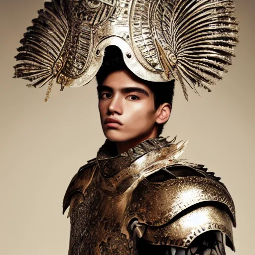 Prompt: a portrait of a beautiful young mexican male wearing an alexander mcqueen armor made of amethist , photographed by andrew thomas huang, artistic