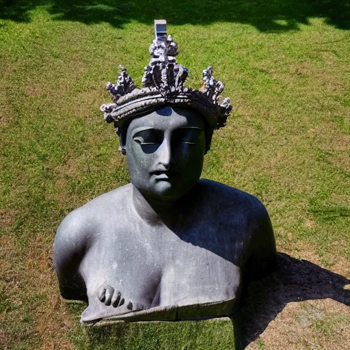 Prompt: statue of libertys head with crown is lying sideways on the ground .low angle painting