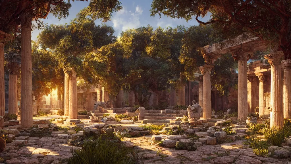 Image similar to a photorealistic hype realistic render of an interior of a beautifully decorated ancient greek garden, by pixar, greg rutkowski, wlop, artgerm, dramatic moody sunset lighting, long shadows, volumetric, cinematic atmosphere, octane render, artstation, 8 k