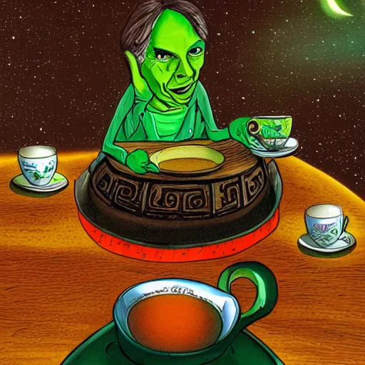 Image similar to carl sagan, green alien, drinking tea in a chinese tea house