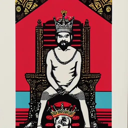 Prompt: Portrait of king sitting on wood throne with pig head wearing crown by Shepard Fairey