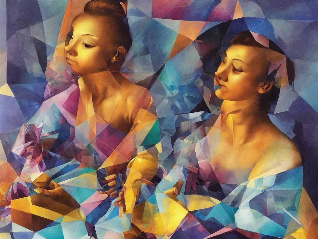 Image similar to hyperrealistic crystalline abstract still life painting of a 3d female monk meditating sitting down wrapped in fabric and gently smiling, surrounded by prisms in a tesseract, by Caravaggio, botanical print, surrealism, vivid colors, serene, golden ratio, minimalism, negative space
