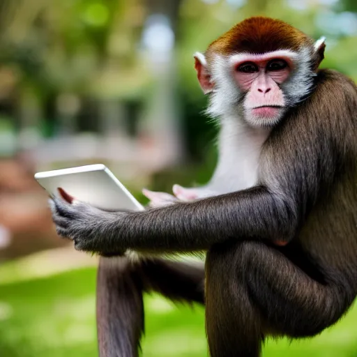 Image similar to photo of a monkey sitting in a chair holding an iPad, highly detailed, high quality, HD, 4k, 8k, Canon 300mm, professional photographer, 40mp, lifelike, top-rated, award winning, realistic, sharp, no blur, edited