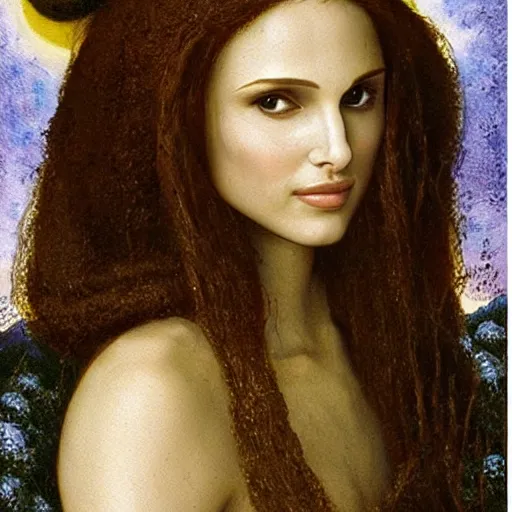 Image similar to natalie portman with indigo hair planting seeds in a winter wonderland, painting by leonardo da vinci