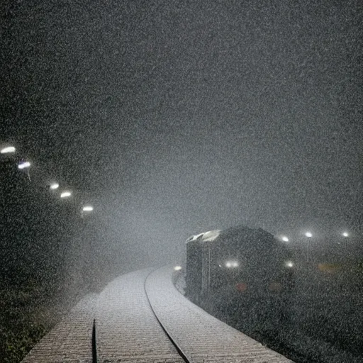 Prompt: dramatic train on hill riding through rain in fog, dramatic light 8 k