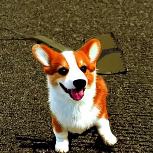 Prompt: corgi operating a helicopter flying over the Eiffel Tower, cute, realistic, happy, smiling