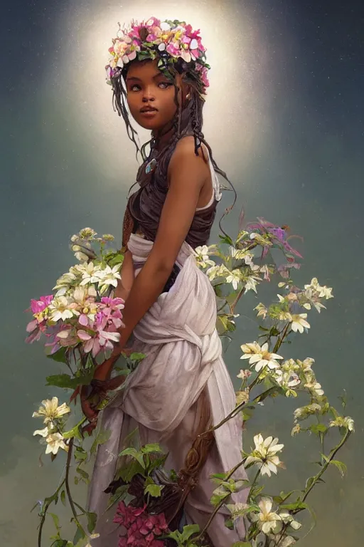 Prompt: ultra realistic illustration, swahili girl with flowers blossoming from helmet, elegant, highly detailed, digital painting, concept art, smooth, sharp focus, illustration, art by artgerm and greg rutkowski and alphonse mucha