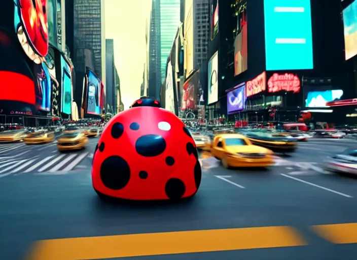 Prompt: film still of a giant ladybug driving a car through time square in a sci - fi movie, 8 k