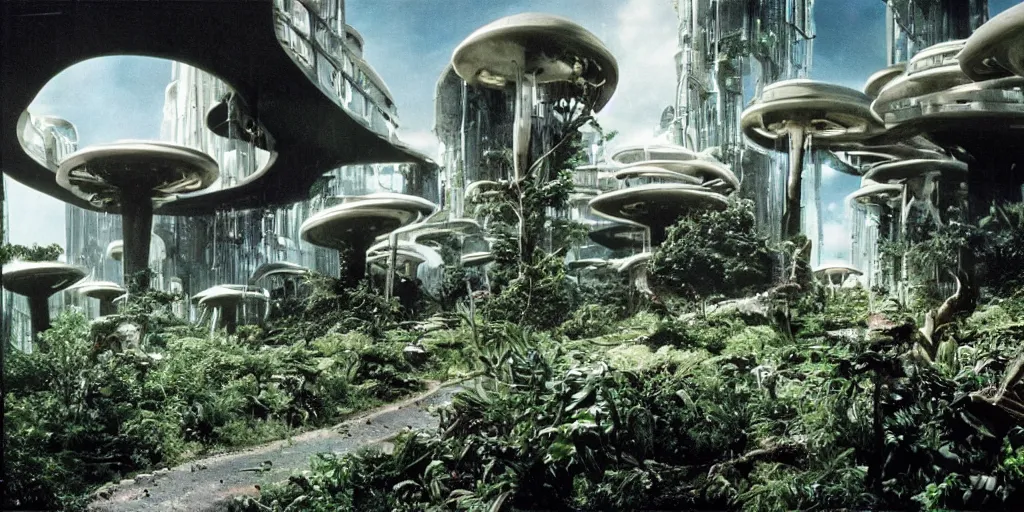 Prompt: outside view of a futuristic luxury apartment on a desolate mining planet with a lush mushroom vegetation, giant mushrooms, film still of a sci - fi movie, 1 9 8 0 s science fiction, ridley scott,