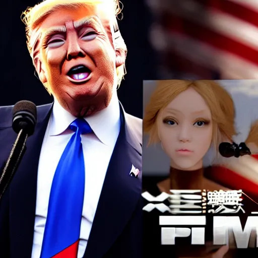 Prompt: Donald Trump with uwu girl body, realistic artstyle, wide shot, dramatic lighting, octane render, hyperrealistic, high quality, highly detailed, HD, beautiful, cinematic, 8k, unreal engine, facial accuracy, symmetrical