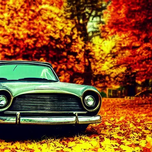 Prompt: vintage car made of autumn, cinematic, pop art style, featured on artstation, happy, vintage colors, poster