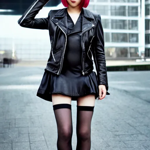 Image similar to an epic cinematic 8K HD movie shot of a japanese young J-Pop idol girl wearing leather jacket, miniskirt, nylon tights and high heels boots. Inspirational arthouse