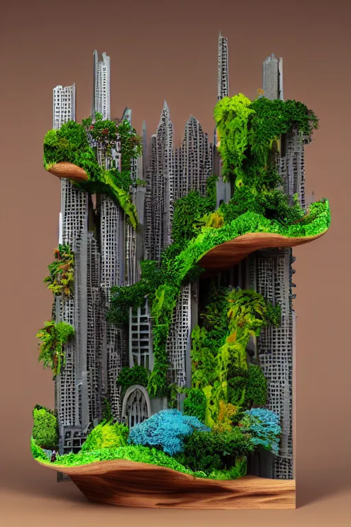 Image similar to 3 d printed physical model organic flowy including more than one city into one vertical building model that sits on a table in a room with a view back, multiple stories, wooden, with vegetation, colorful, eye - level view, 8 0 k, octane render, highly detailed 3 d render,