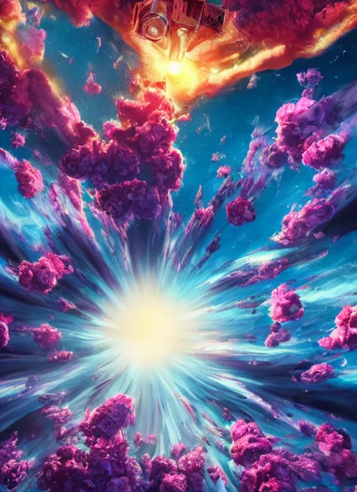 Image similar to An epic fantastic realism comic book style painting of the most beautiful flowers launched into space, bouquets, everything being pulled into a black hole, floral meteor, fisheye, unreal 5, DAZ, hyperrealistic, octane render, dynamic lighting