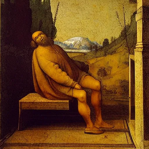 Image similar to a man missing the bus in the morning, by leonardo da vinci